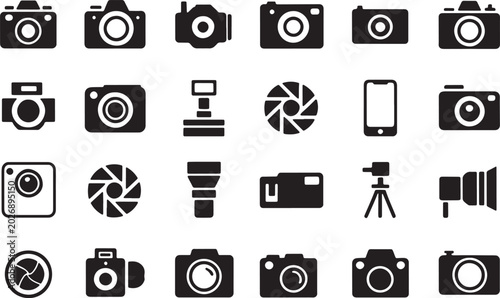Photos Photography and videography solid icon collection with camera bodies smartphone tripod and aperture symbols for designers