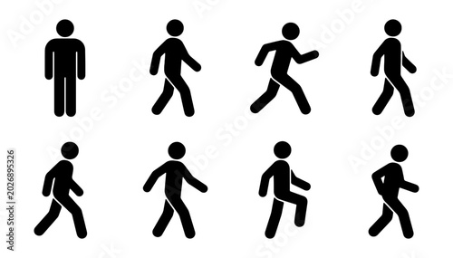 Human Figure Walking Animation Sequence, Silhouette People Motion Icons, Simple Stickman Steps