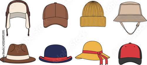 Foto Men and women hat vector illustration set featuring winter ushanka baseball cap