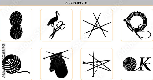 фотографія Black and white silhouette icon set of knitting crafting tools featuring yarn ba