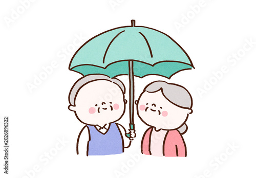 Bilde på lerret Elderly couple happily sharing an umbrella, lifelong love concept
