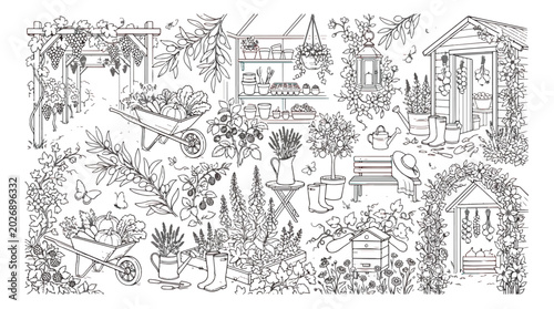 Canvastavla Hand drawn garden coloring page vector, vintage botanical greenhouse and potting
