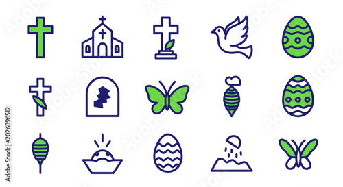 Fotografie Easter Icons: Crosses, Church, Eggs, Dove, Butterfly, Tomb