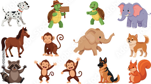 Photography Cute Cartoon Animal Character Set with Dog Turtle Elephant Horse Monkey Raccoon