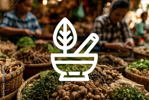 An Asian herbal medicine market featuring a variety of dried herbs displayed in woven baskets, emphasizing traditional medicinal practices