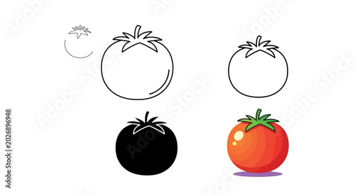 Minimalist line art and filled tomatoes in various styles and colors on a neutral background.