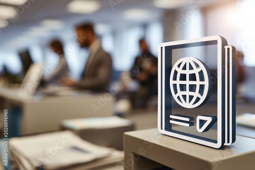 An office scene focused on passport processing, featuring official paperwork and a passport icon
