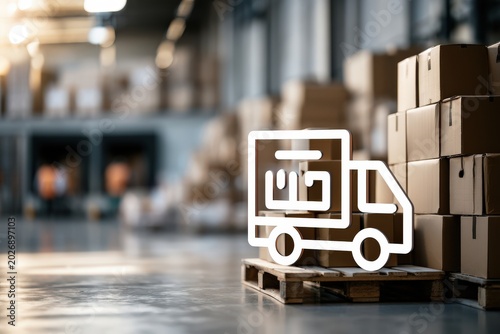 A modern logistics warehouse featuring stacked cardboard boxes and a delivery truck symbol, illustrating efficient storage and distribution