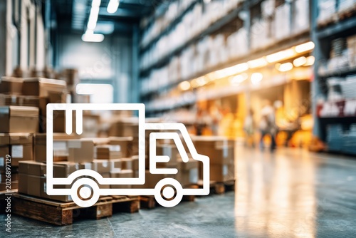 A modern logistics warehouse featuring stacked cardboard boxes and a delivery truck icon, illustrating efficient storage and distribution
