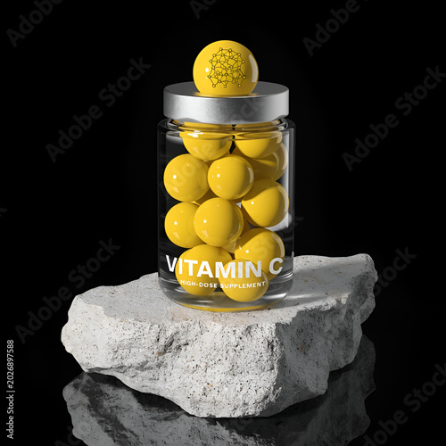 vitamin c supplement concept with glossy yellow