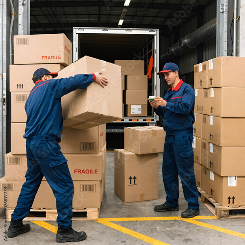 warehouse staff wearing uniform loading parcel box