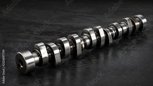 camshaft. Single camshaft resting on a dark surface, polished metal glistening with oil. safety posters, maintenance manuals, designed for industrial assembly lines and welding operations.