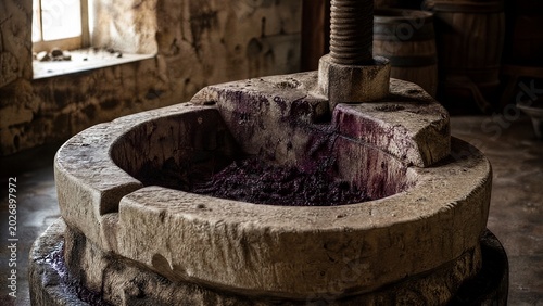 winepress. Ancient stone wine press with deep purple grape residue, textured surface in soft window light. bar promotions, beverage menus, designed for food & beverage menus and cafe branding.