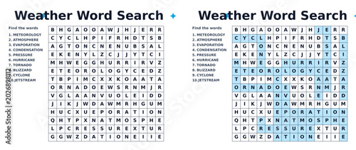 Tableau sur toile Advanced Weather Word Search Puzzle Worksheet, Printable Vocabulary Game with Cl