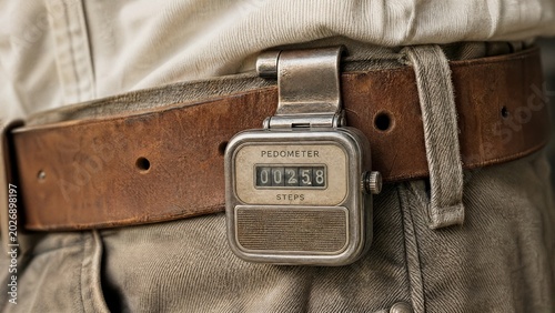pedometer. Vintage mechanical pedometer clipped to a leather belt, detailed metal casing in soft daylight. lifestyle magazines.