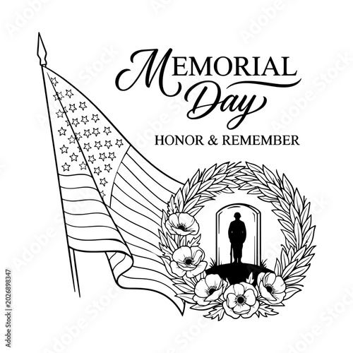 Vector illustration of a Memorial Day remembrance emblem with American flag and soldier silhouette, symbolizing honor, sacrifice and patriotism, isolated on a transparent background