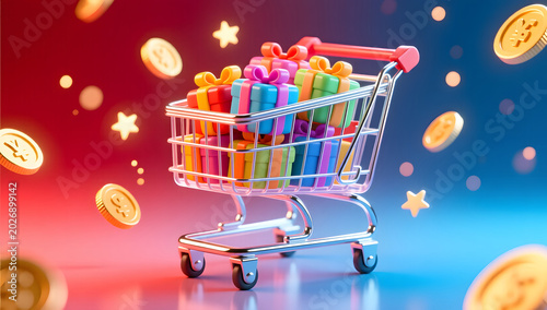 618 shopping festival transparent shopping cart full of packages 3D background
