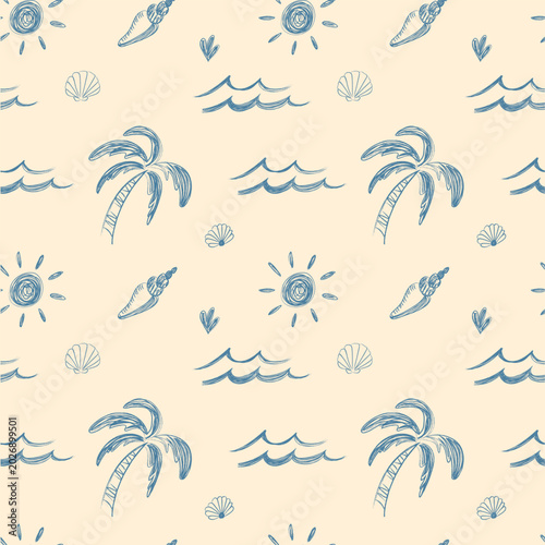 Seamless summer doodle pattern featuring palm trees, waves, shells and sunny beach elements. Tropical vector background