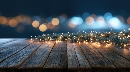Rustic wooden table with glowing fairy lights against a bokeh background