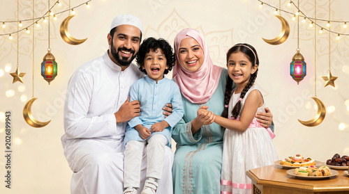 Family celebrating Eid with children and festive decor in background  