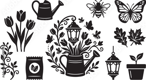 Black and white garden icons and silhouettes collection