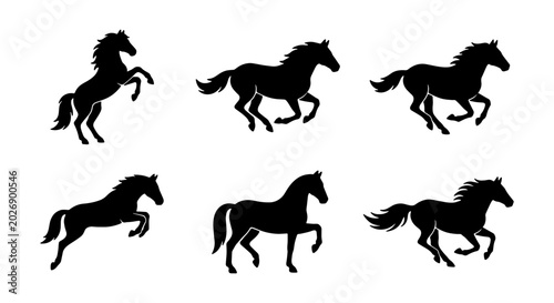 Fotografija Six Silhouette Horse Vector Icons, Galloping and Rearing Equine Poses, Black Ani