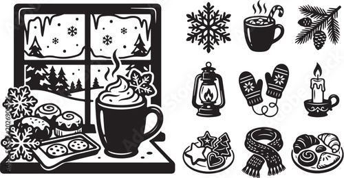 Cozy Winter Scene with Hot Chocolate and Snowflakes