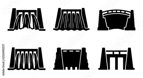 Bild auf Leinwand Dam Icons Set: Water Flow, Hydroelectric Power, Reservoir Structures, Vector Gra