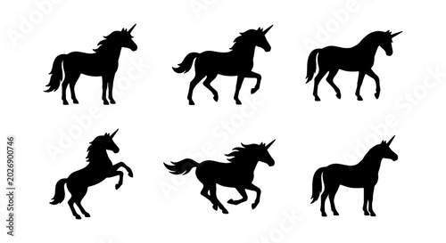 Foto Six Silhouette Unicorns, Mythical Horse Icons, Fantasy Creature Vector Set