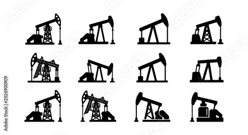 Photos Oil Pumpjack Icons Set: Energy Industry, Fossil Fuel Extraction, Petroleum Drill