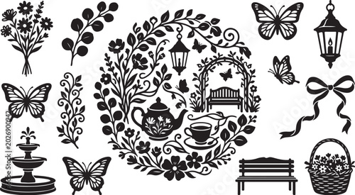Whimsical garden scene with tea party illustrations
