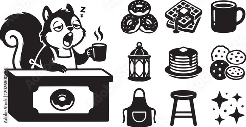 Squirrel enjoying coffee and sweet treats illustration set