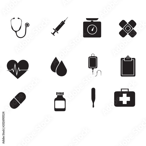 Medical and Healthcare Icons Set - Black Silhouette Vector Illustrations
