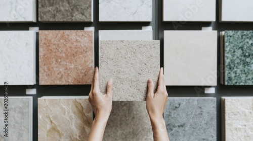 Person choosing ceramic tile from a variety on display in home improvement store