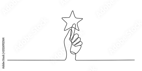 Continuous single line drawing of a human hand pointing at a star shape symbol representing excellence quality success rating and achievement concept