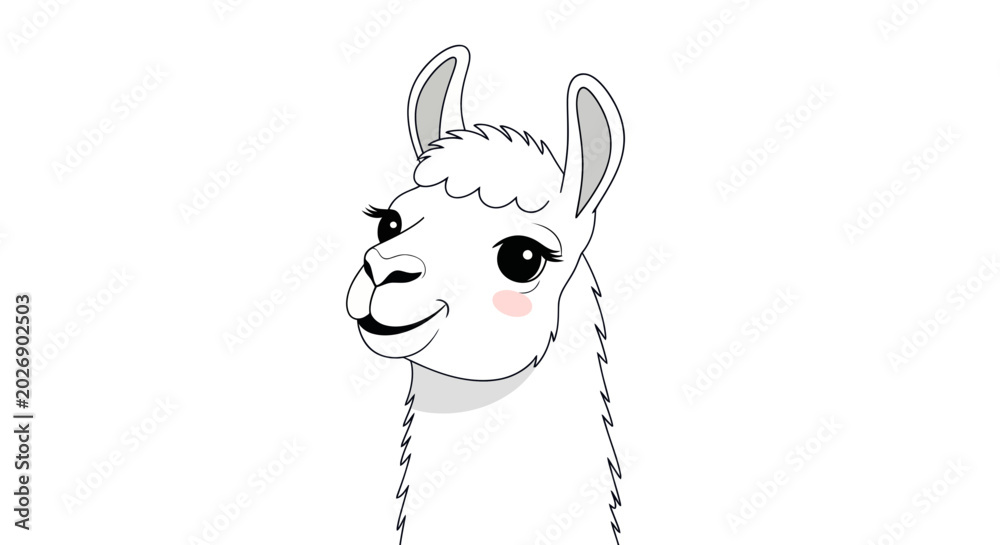Fototapeta premium Cute Llama Cartoon Illustration, White Background, Friendly Animal Portrait
