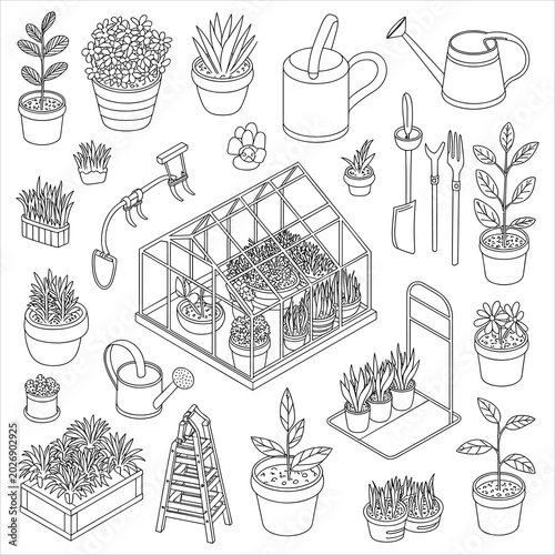 Isometric gardening set with greenhouse, potted plants, and tools, line