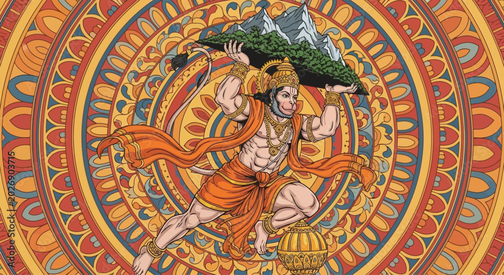Obraz premium Hanuman carrying the Dronagiri mountain a symbol of strength and devotion.