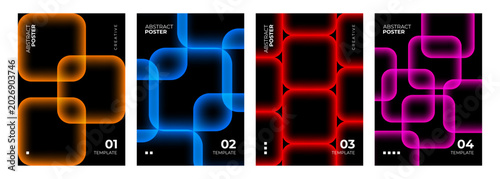 Set of Abstract Posters. Bright neon colored gradient square shapes on black background. Creative graphic designs. Vector illustration.