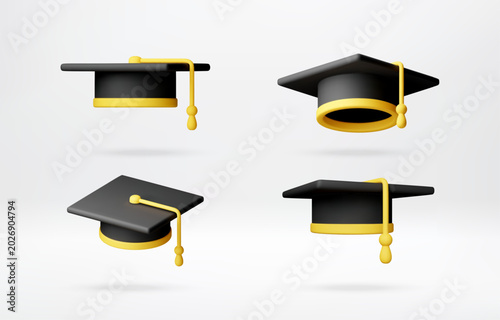 Set of 3d graduation cap icons. Black academic hat with gold tassel for university ceremony and school diploma celebration. Minimalist educational symbol and degree award concept. Vector illustration