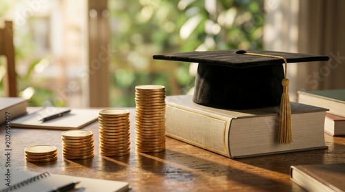 Education Investment Concept with Graduation Cap and Coin Stacks