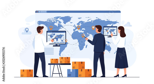 Global logistics and shipping management with map and package delivery