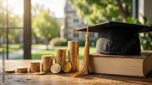 Education Investment Concept with Graduation Cap and Coin Stacks