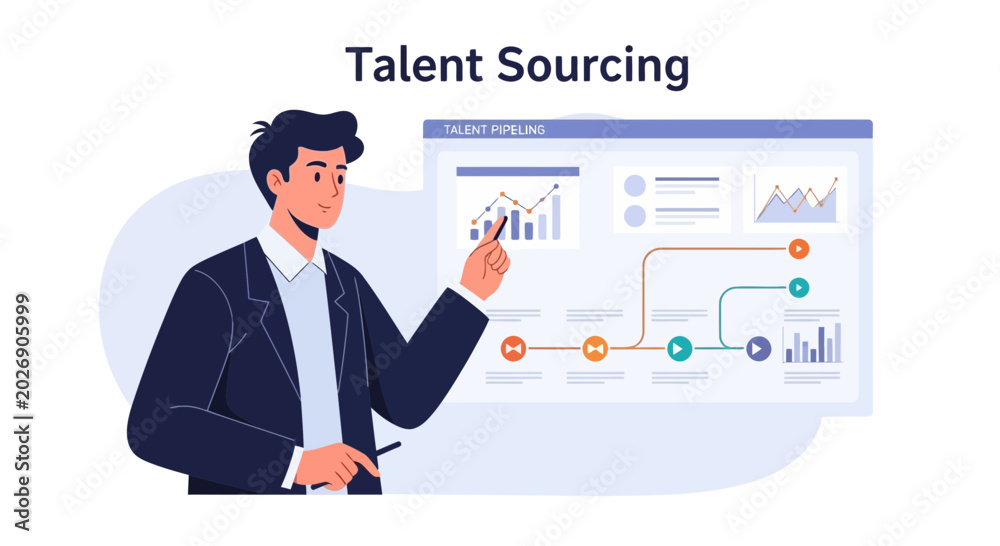 Fototapeta premium Man pointing at talent sourcing pipeline chart, business concept illustration