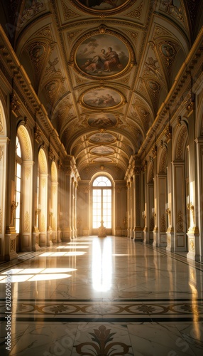 Sunlight Streaming Through Arched Windows in Grand Ornate Hallway