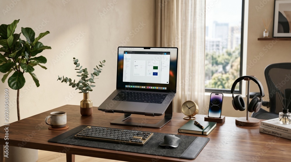 Fototapeta premium Modern and organized home office setup with a laptop on a stand, offering an ergonomic and productive remote workspace ideal for digital professionals and work-from-home concepts