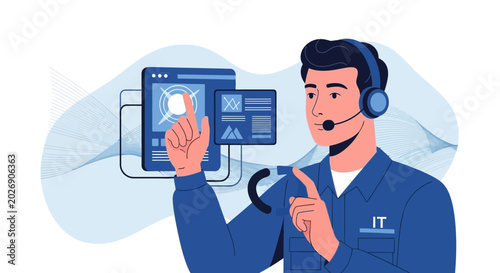 IT Support Agent with Headset and Digital Interface