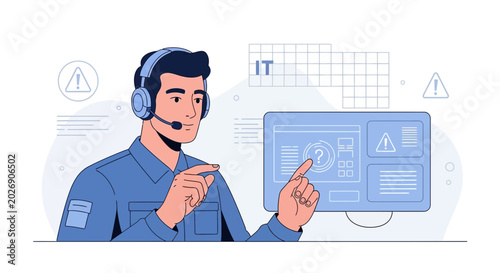IT support technician with headset and computer screen, helping resolve issues