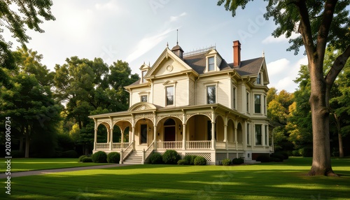 Victorian-Style House with Wraparound Porch in Lush Green Lawn