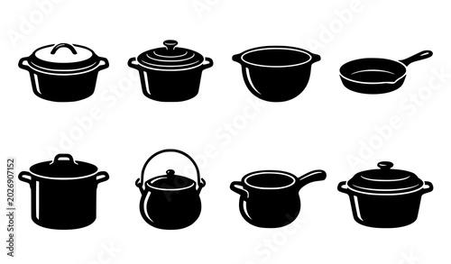 Photos Cast iron cookware silhouette vector set with Dutch ovens pots and kitchen cooki